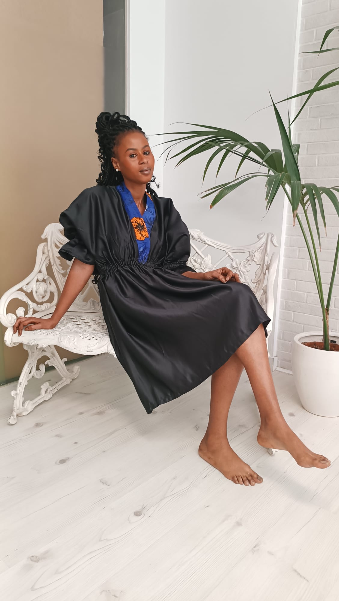 Robe Noire Satin Et Ankara - Robe Malaika Noire - PASKYCOLORS