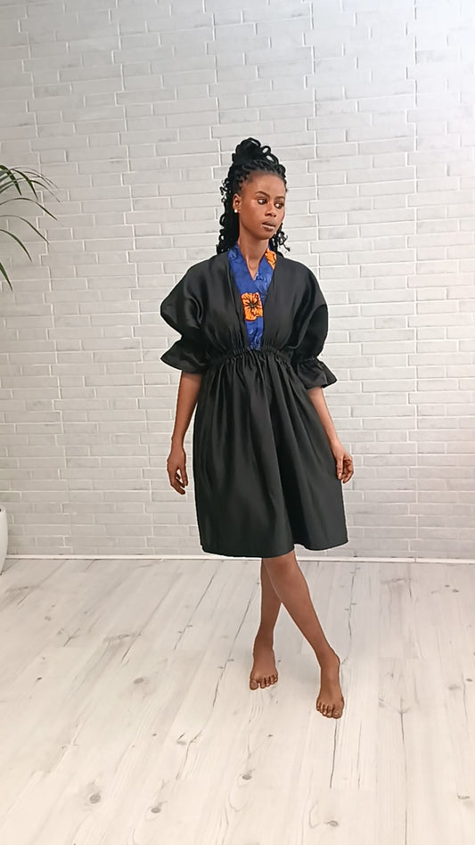 Robe Noire Satin Et Ankara - Robe Malaika Noire - PASKYCOLORS