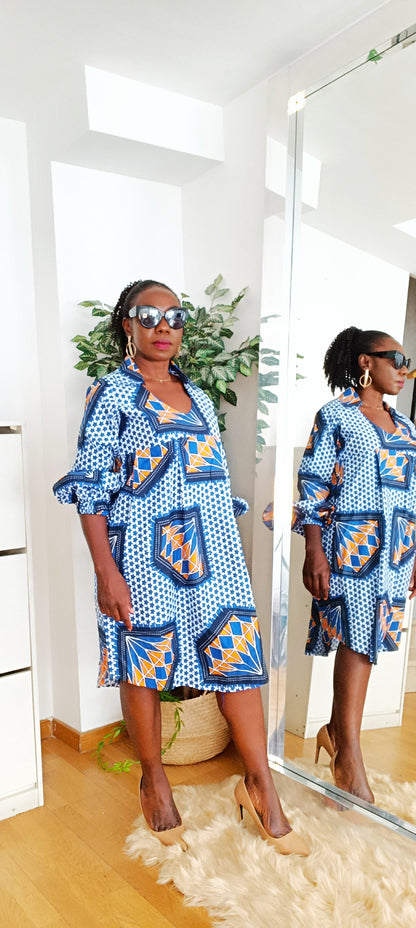 Robe Midi En Ankara - Robe Anaya Bleue - PASKYCOLORS